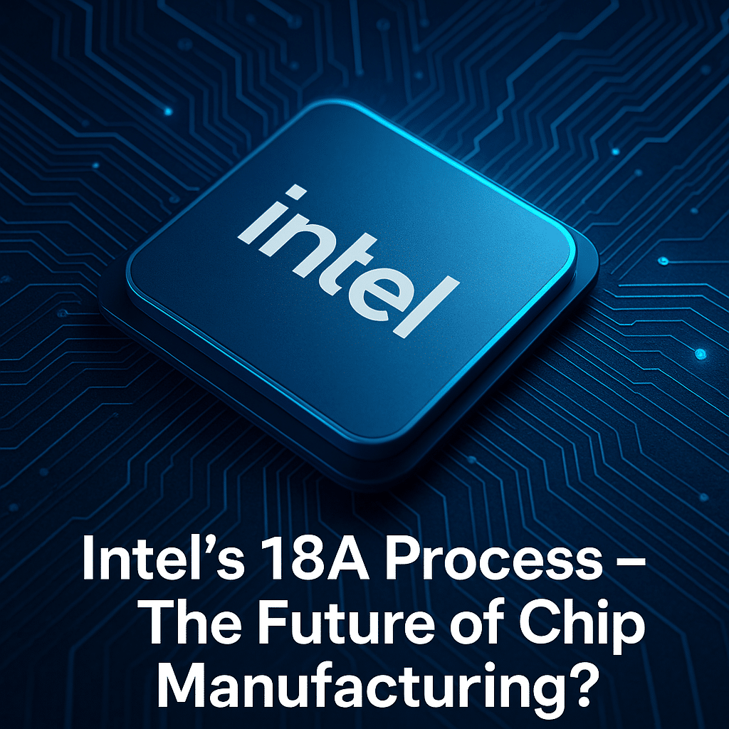 close-up of a blue Intel microchip on a dark circuit board, with "Intel’s 18A Process – The Future of Chip Manufacturing?" written below in bold white text
