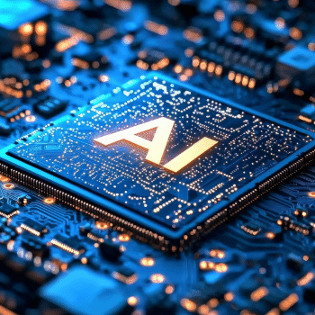ai processor chip illuminated on a circuit board, representing artificial intelligence driving increased demand for memory and storage hardware