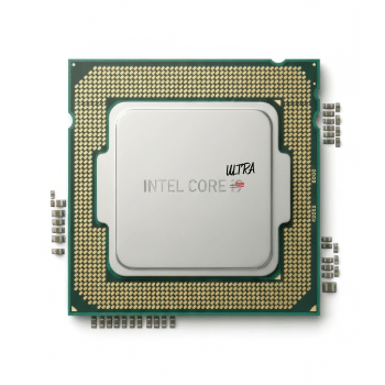 Intel processor showing the Intel Core logo with the “i9” crossed out and “ULTRA” written above it, highlighting the Core Ultra rebranding, with gold contact pins surrounding the green circuit board