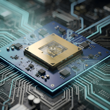 AI-enabled embedded computer chip on a motherboard with circuit pathways, representing edge computing and intelligent industrial systems