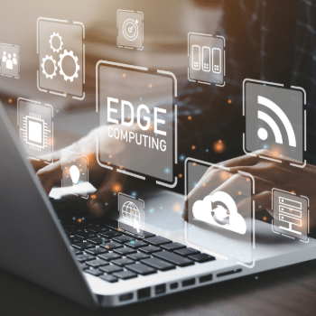 laptop displaying edge computing interface with AI, cloud, IoT, and embedded system processing icons for real-time data applications