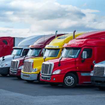 Row of commercial semi-trucks parked together at a fleet facility.
