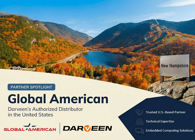 Global American partner spotlight announcing Darveen as its authorized U.S. distributor, over a New Hampshire mountain landscape.